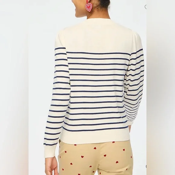 J. Crew Women's Small Puff-Sleeve Heart Sweater Ivory Navy Stripe EUC - Picture 2 of 8